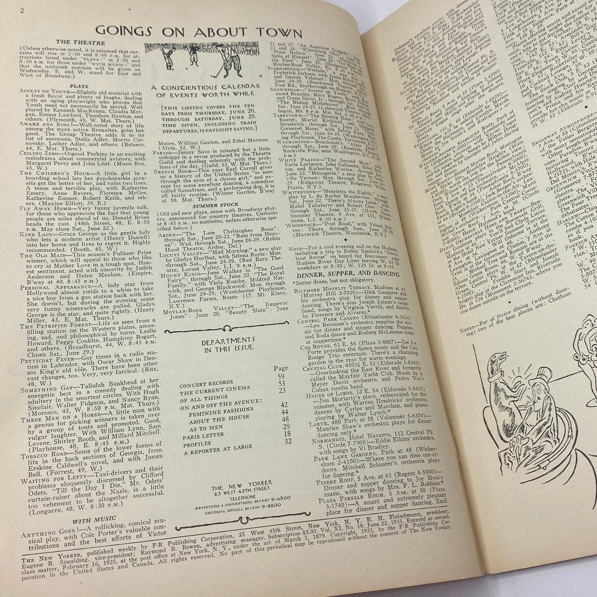 Interior page featuring listings and events in 'Goings On About Town' from The New Yorker Complete Magazine June 22, 1935, illustrating the magazine's cultural coverage.