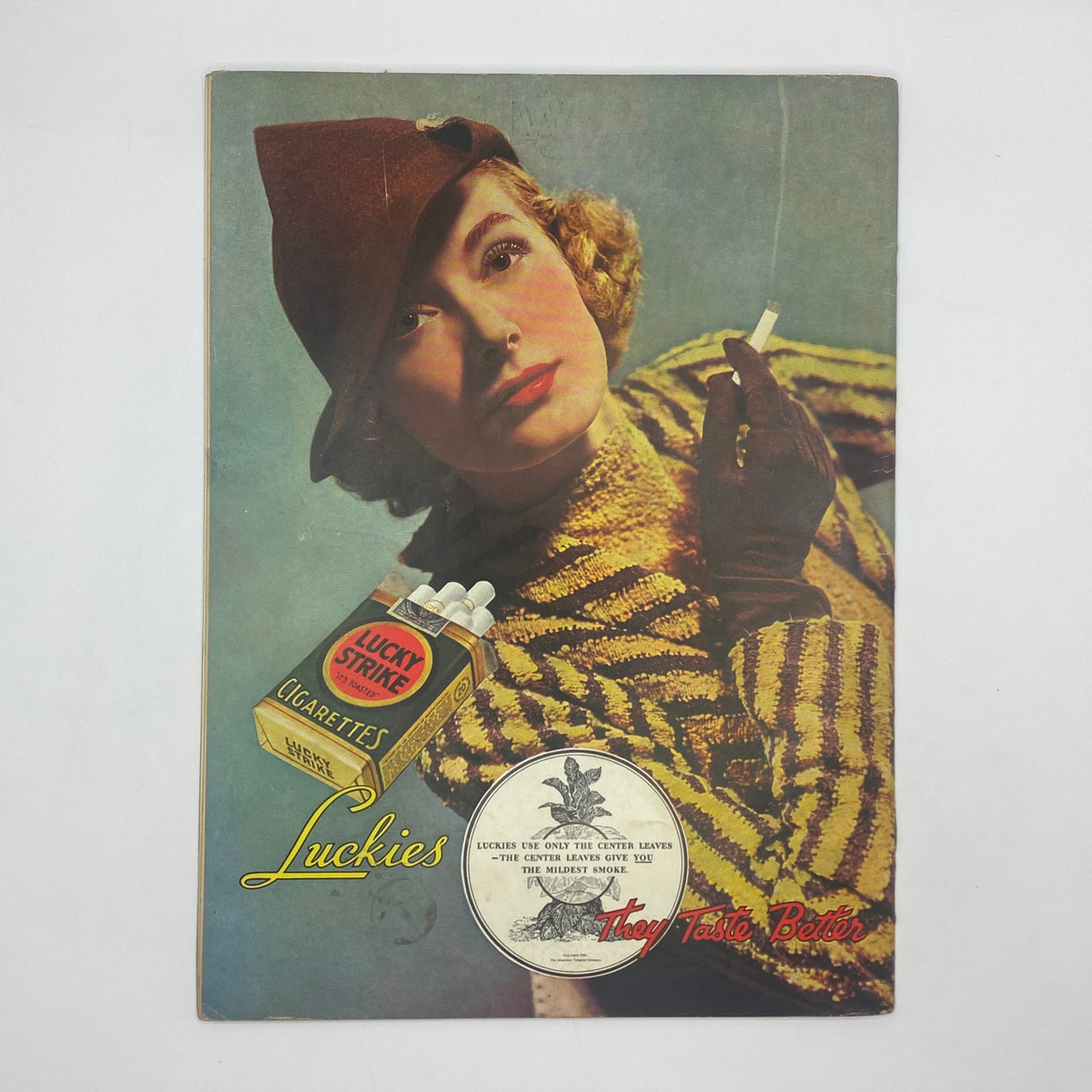 Vintage advertisement featuring a glamorous woman holding a Lucky Strike cigarette, captured in a colorful illustration. This image reflects the aesthetic of early 20th-century marketing, perfect for collectors of nostalgic memorabilia. Part of the New Yorker Complete Magazine from March 30, 1935, featuring Garrett Price's iconic cover design.