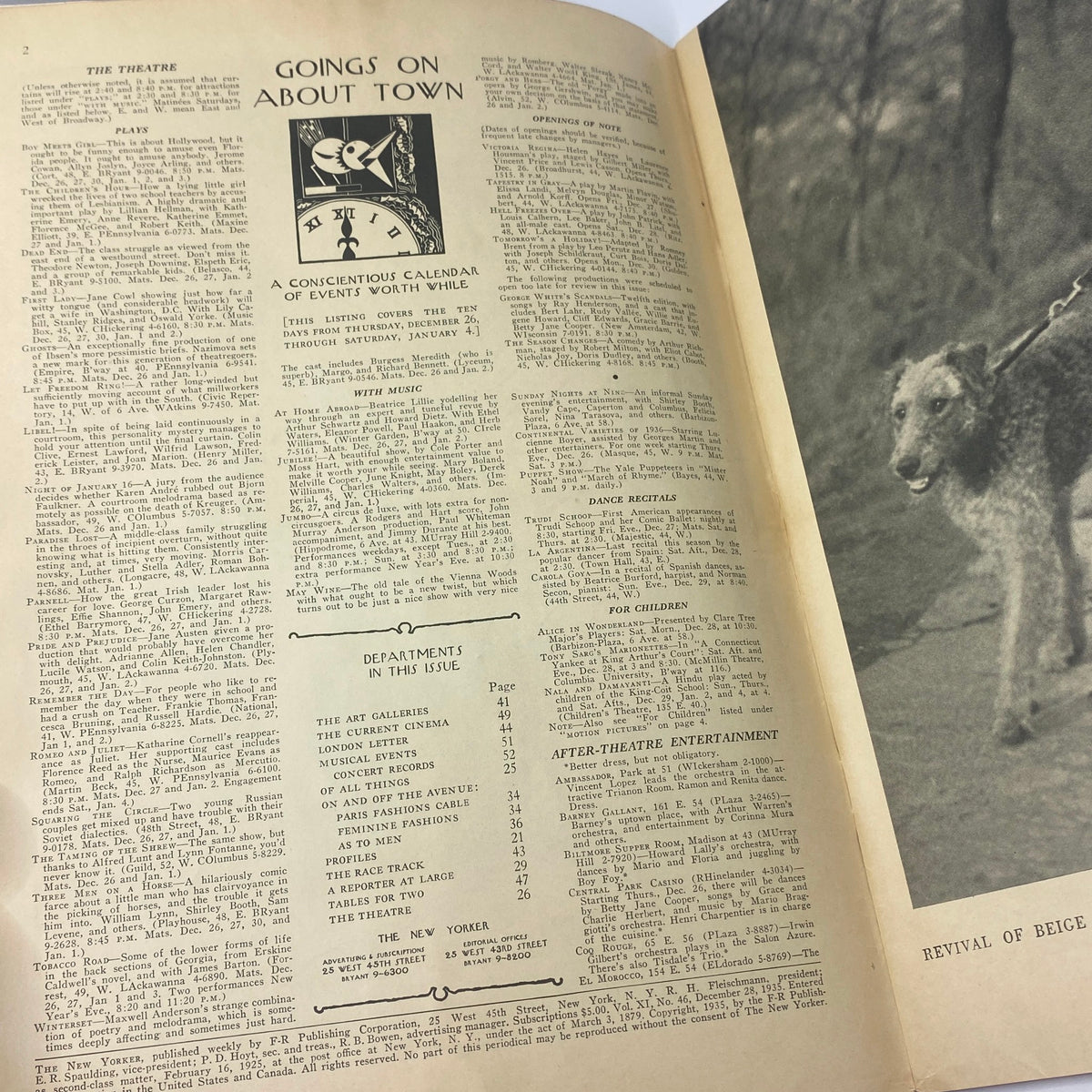 Interior page of The New Yorker magazine from December 28, 1935 featuring 'Goings On About Town', detailing events and articles available in this issue, accompanying the William Cotton cover.