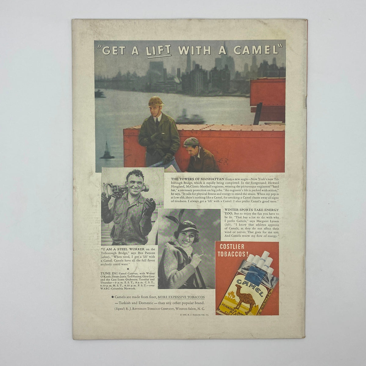 Advertisement from The New Yorker magazine December 28, 1935, featuring workers and a smoking-related promotion, with the slogan 'Get a Lift with a Camel' in a classic vintage style.