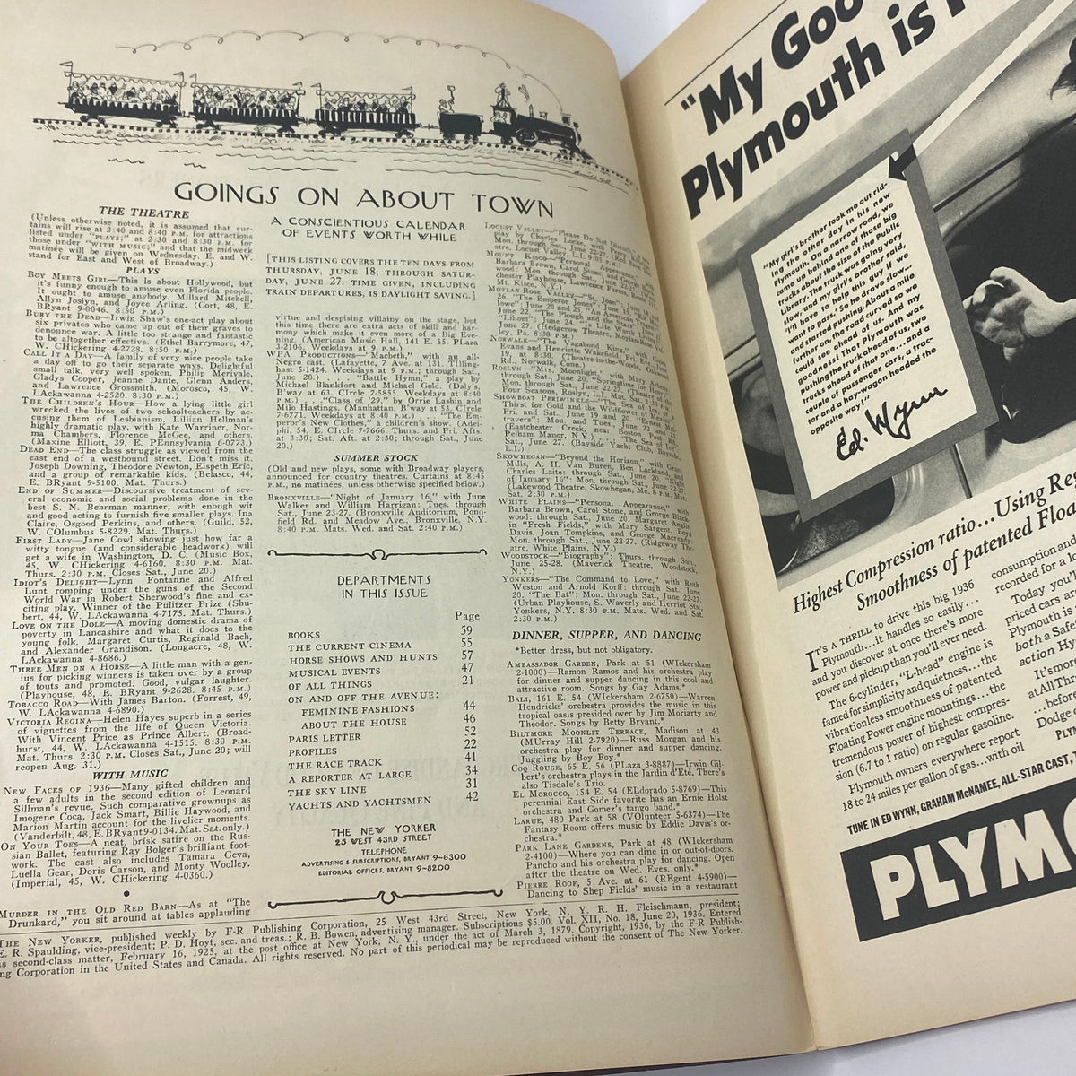 Interior page of The New Yorker Complete Magazine June 20, 1936 featuring theater events and advertisements, showcasing a mix of cultural information relevant to the era.