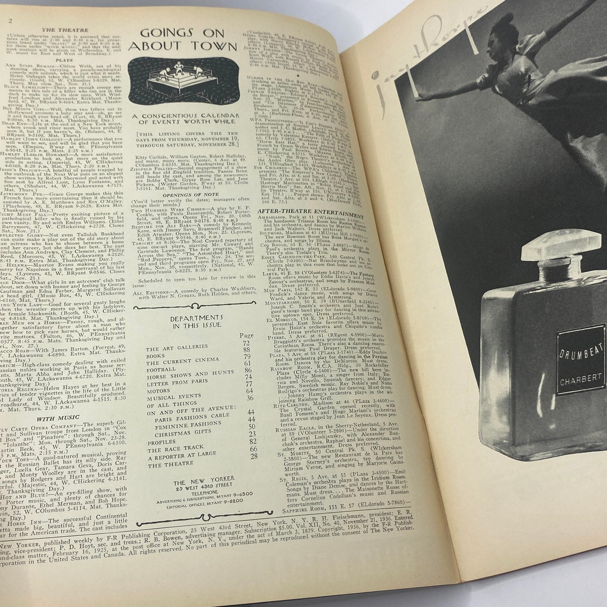 Interior page of The New Yorker Complete Magazine November 21, 1936 featuring 'Goings On About Town' articles and listings for theater and events.