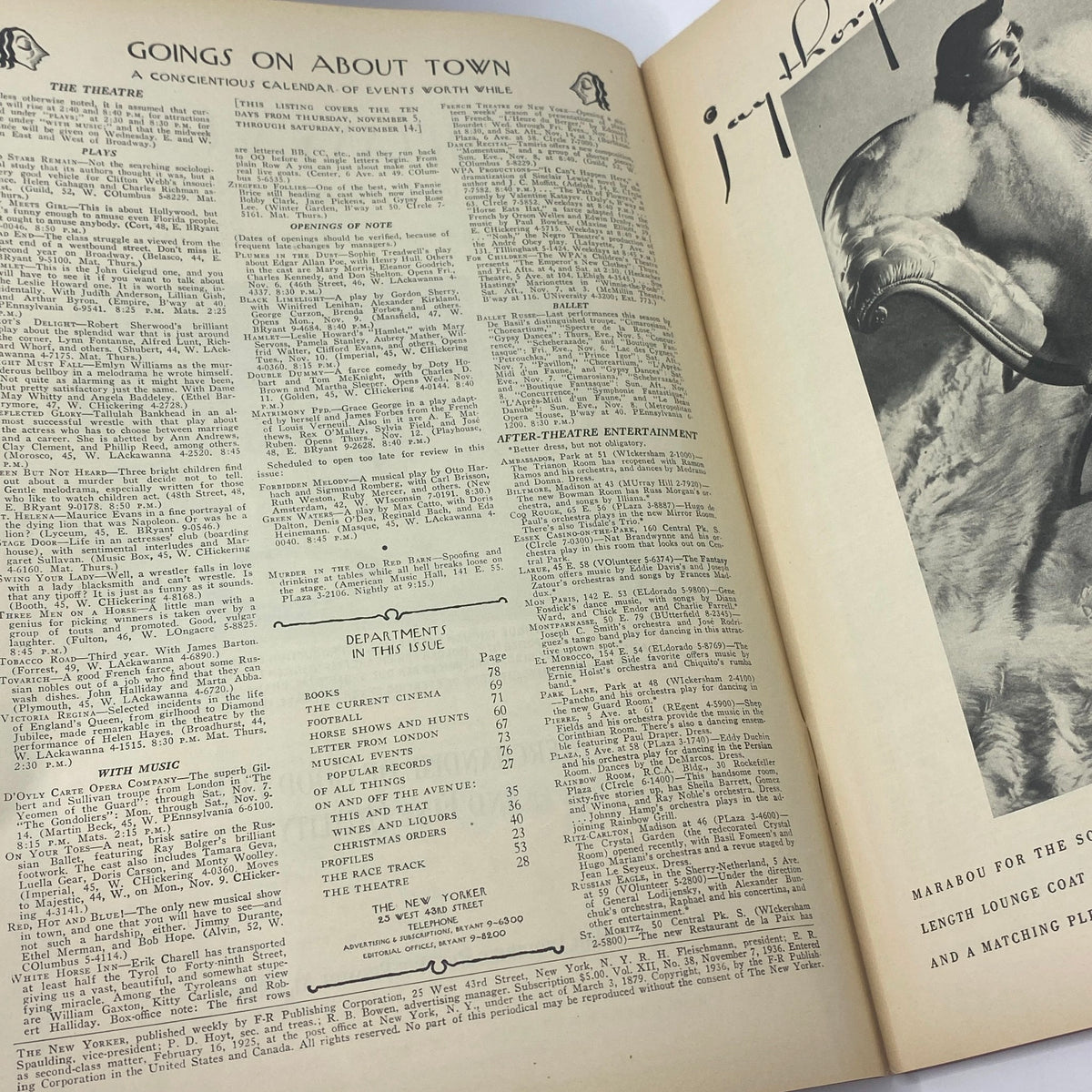 Interior page of The New Yorker Complete Magazine November 7, 1936, featuring the 'Goings on About Town' calendar highlighting events and entertainment.