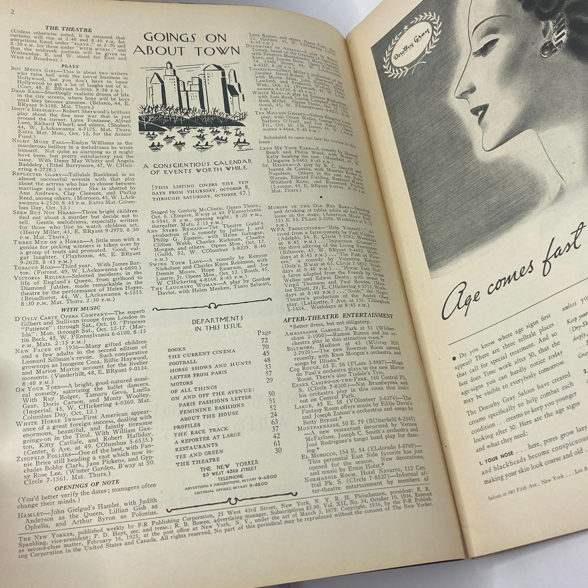 Interior pages of The New Yorker magazine dated October 10, 1936 featuring events calendar and an illustration with the caption 'Age comes fast'. Part of the magazine showcasing the cultural context of the era.
