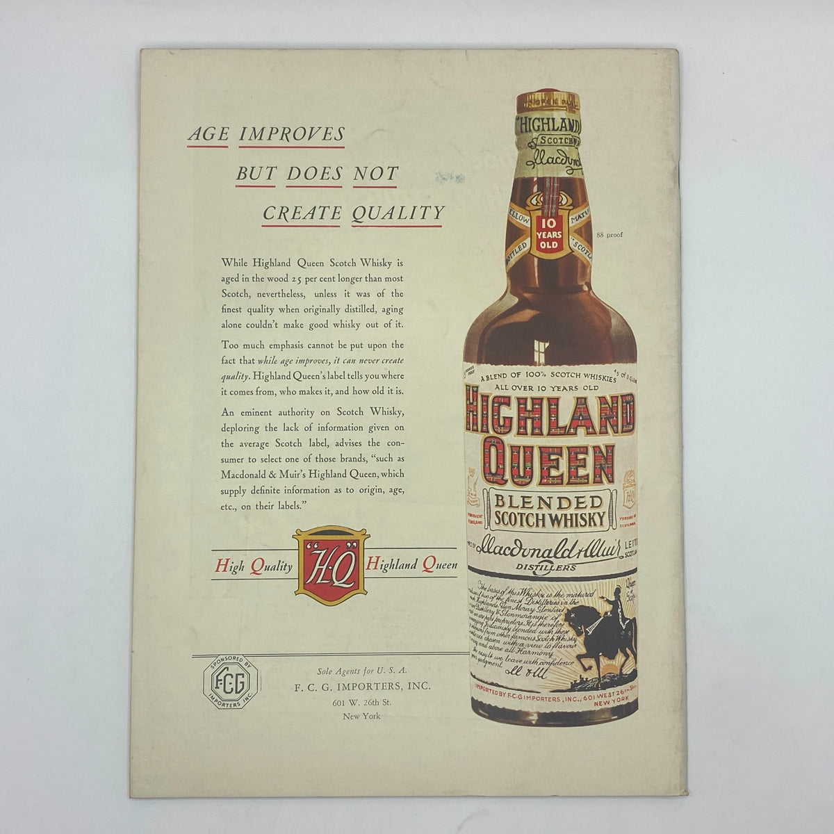 Back page advertisement from The New Yorker magazine October 10, 1936 for Highland Queen Blended Scotch Whisky, discussing quality and age in whisky production.