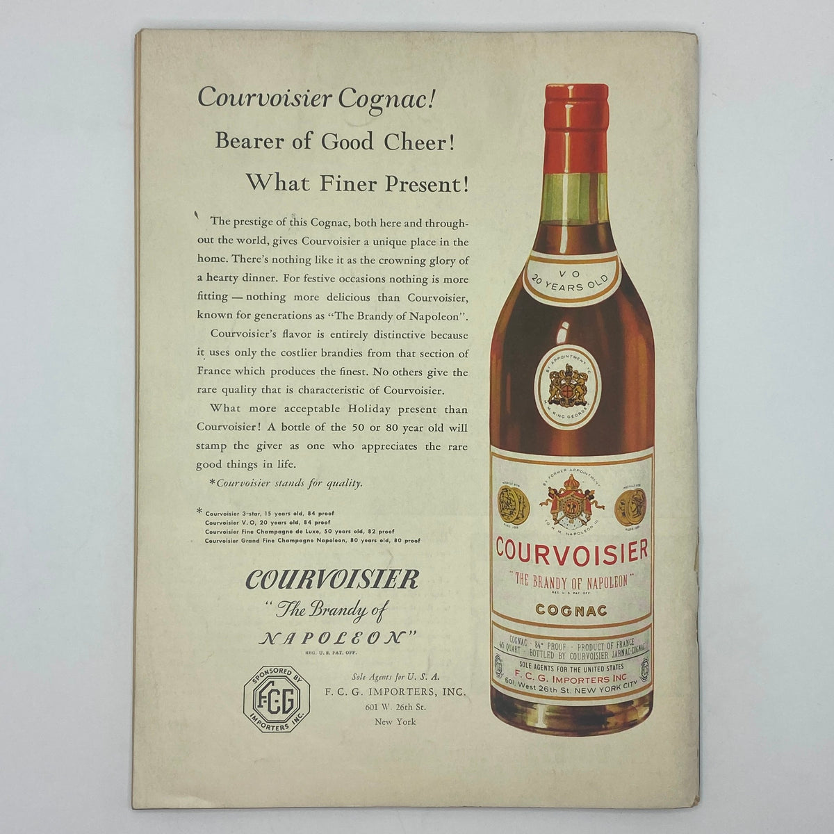 Back page advertisement from The New Yorker magazine, December 5, 1936, featuring Courvoisier Cognac, highlighting its prestige for the holidays.