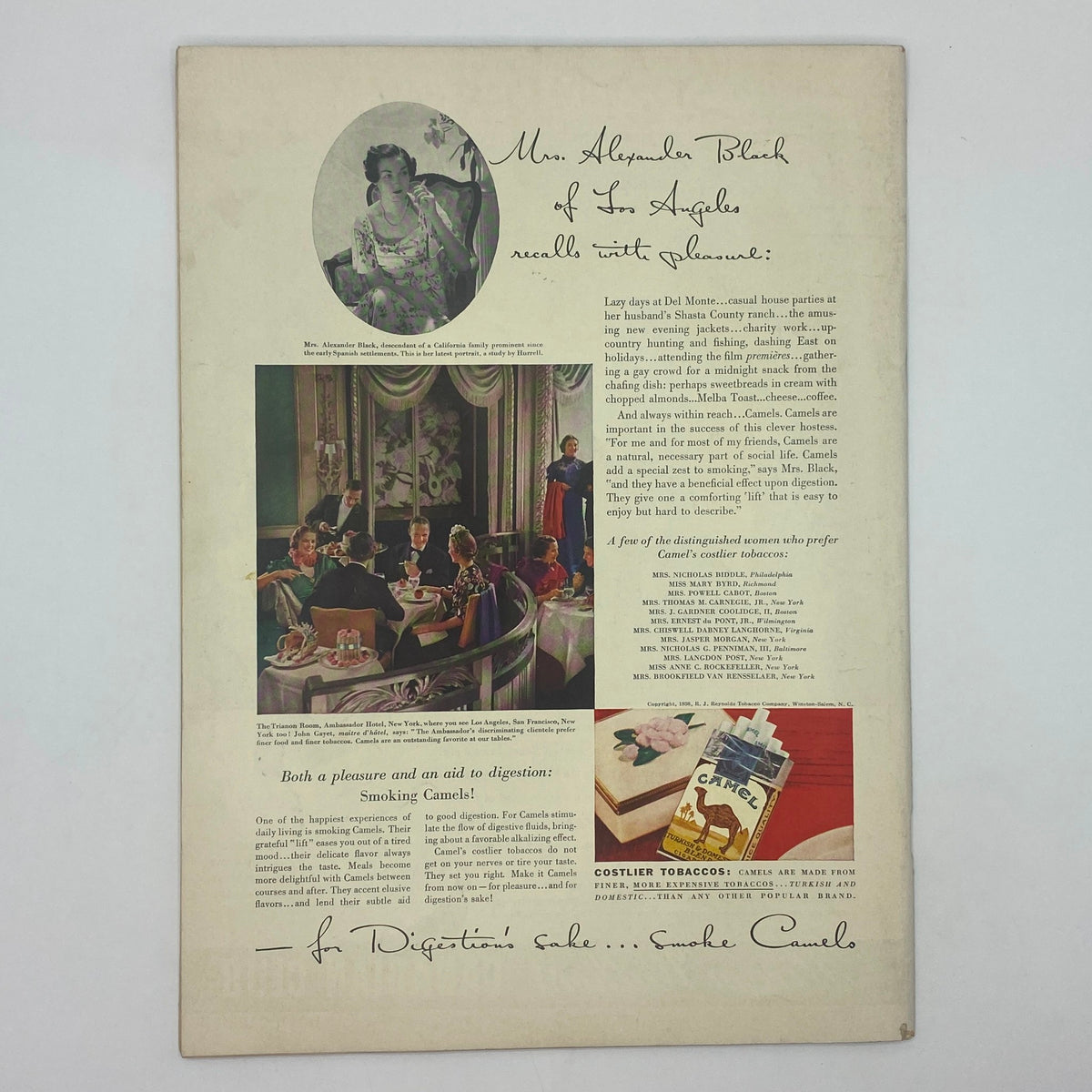 Back cover of The New Yorker Complete Magazine October 31, 1936 Perry Barlow Cover, featuring an advertisement for Camel cigarettes alongside a nostalgic image of a social gathering.