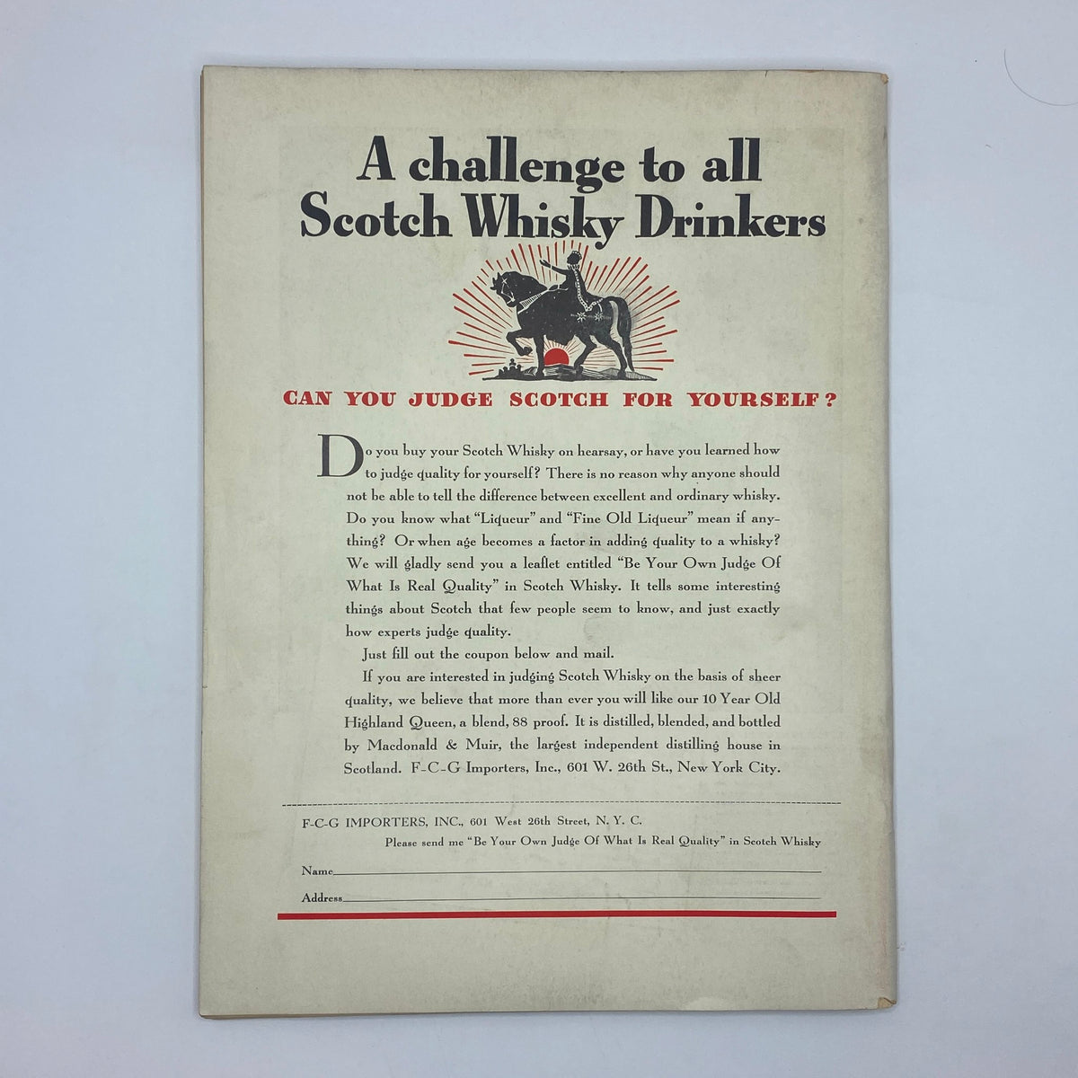 Back cover of The New Yorker magazine November 14, 1936 with an advertisement aimed at Scotch whisky drinkers, featuring a challenge to judge quality with an illustration.