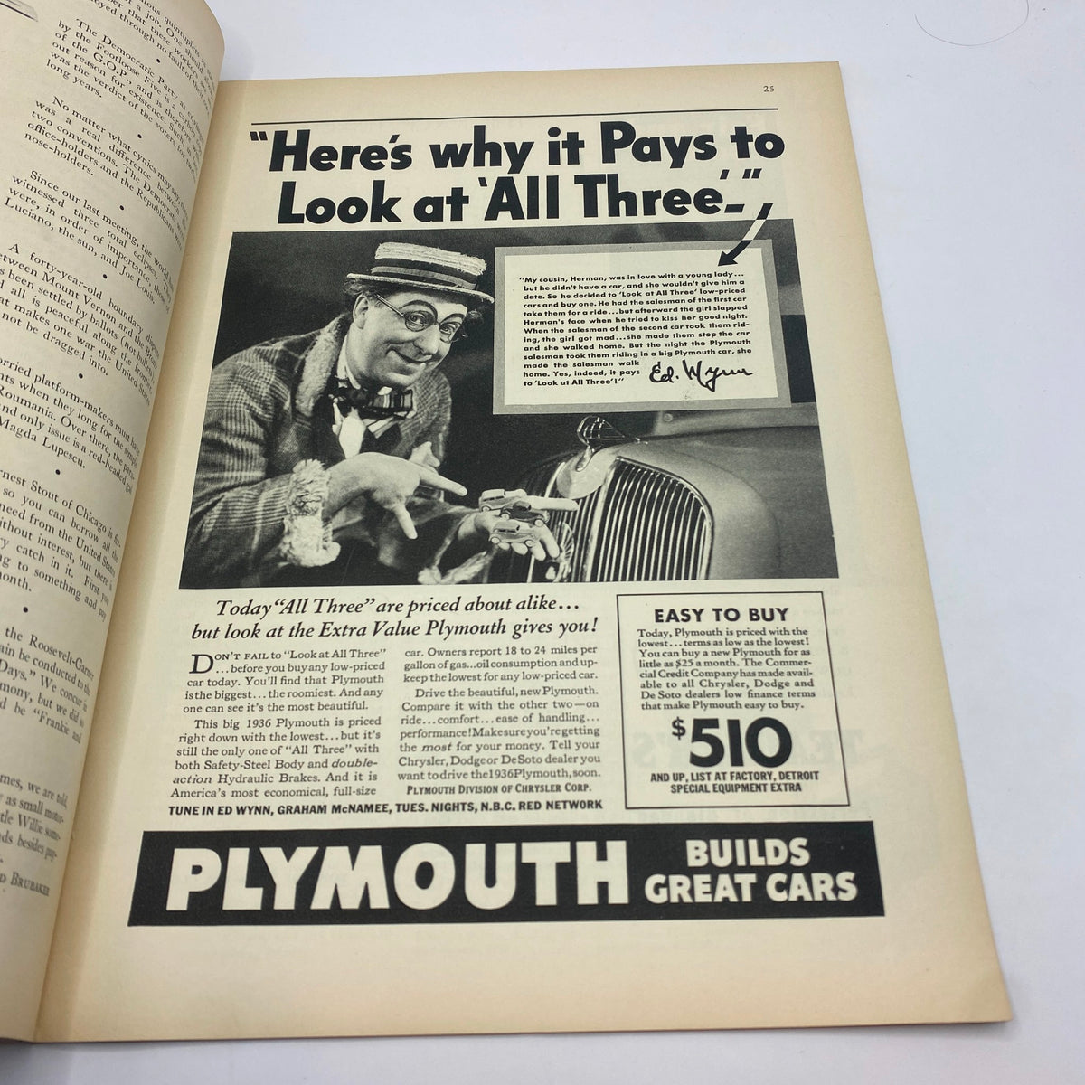 Vintage advertisement from The New Yorker magazine July 4, 1936 featuring a humorous illustration of a man promoting Plymouth cars, showcasing the humor and style of the era.