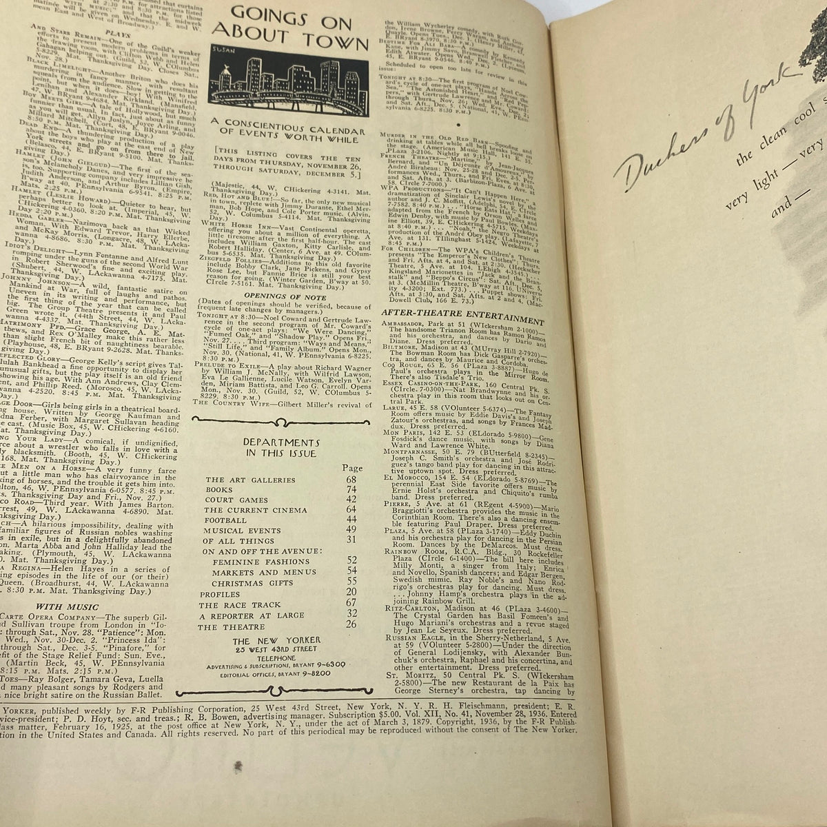 Interior page of The New Yorker magazine from November 28, 1936 displaying events calendar and entertainment listings with a header title 'Goin's on About Town'.