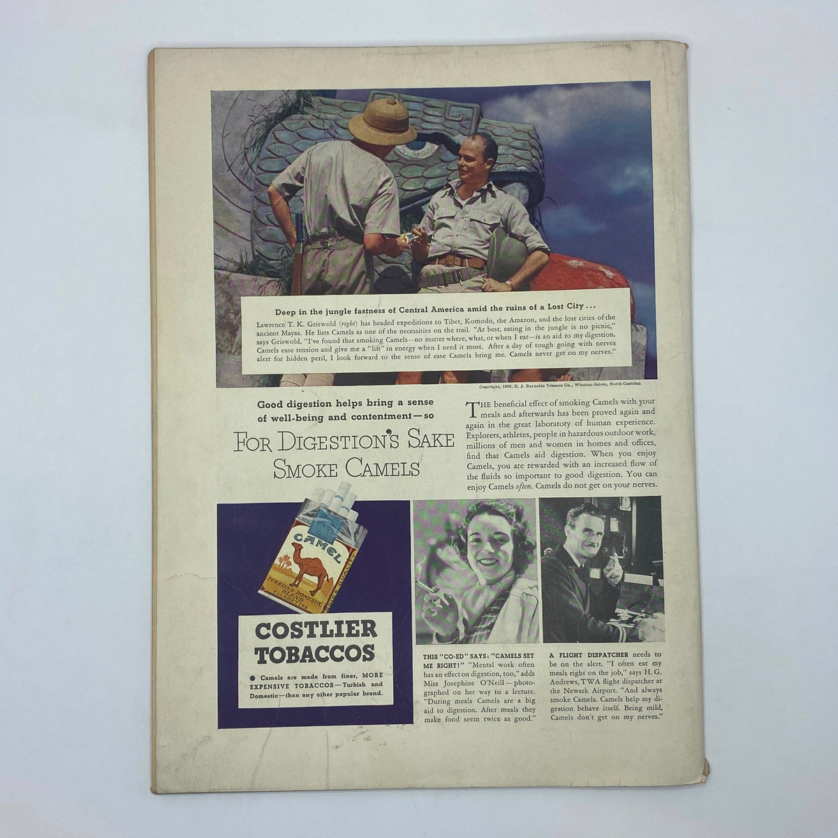 Back cover of The New Yorker Complete Magazine November 28, 1936 featuring an advertisement for Camel cigarettes with a vintage design, depicting two explorers and illustrating the benefits of smoking for digestion.