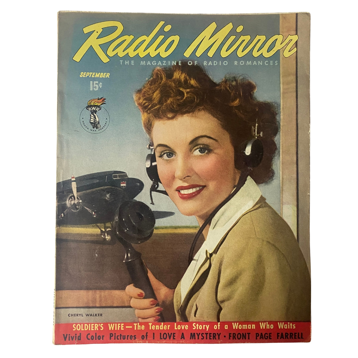 Radio Mirror Magazine September 1943 featuring Cheryl Walker on the cover, showcasing a vivid color portrait with a vintage design, highlighting the theme of radio romances.