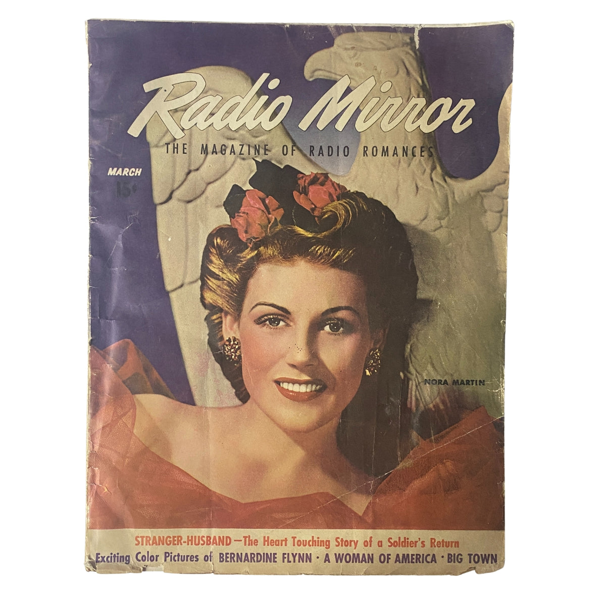 Cover of Radio Mirror Magazine March 1944 featuring Nora Martin, showcasing a vivid color portrait by Tom Kelley. This vintage magazine includes romantic fiction and radio culture themes, ideal for collectors of 1940s entertainment memorabilia.