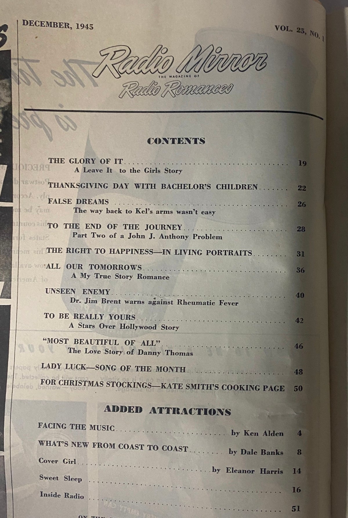 Inside page of Radio Mirror Magazine December 1945, displaying the table of contents including titles like 'Thanksgiving Day with Bachelor's Children' and 'Lady Luck—Song of the Month'.