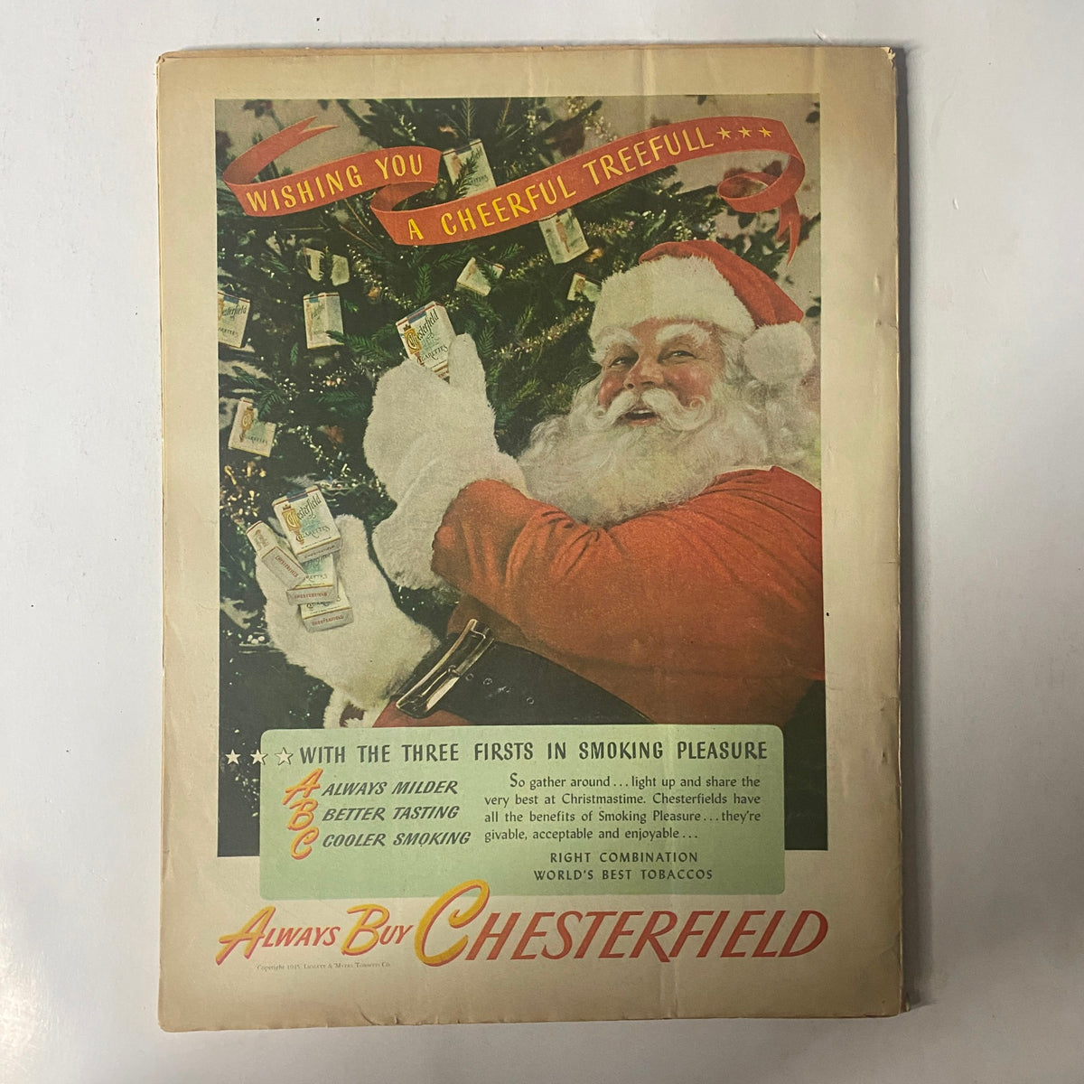 Back cover of Radio Mirror Magazine December 1945, featuring a cheerful Santa Claus wishing readers 'A Cheerful Treefull' for the holiday season, promoting Chesterfield cigarettes.