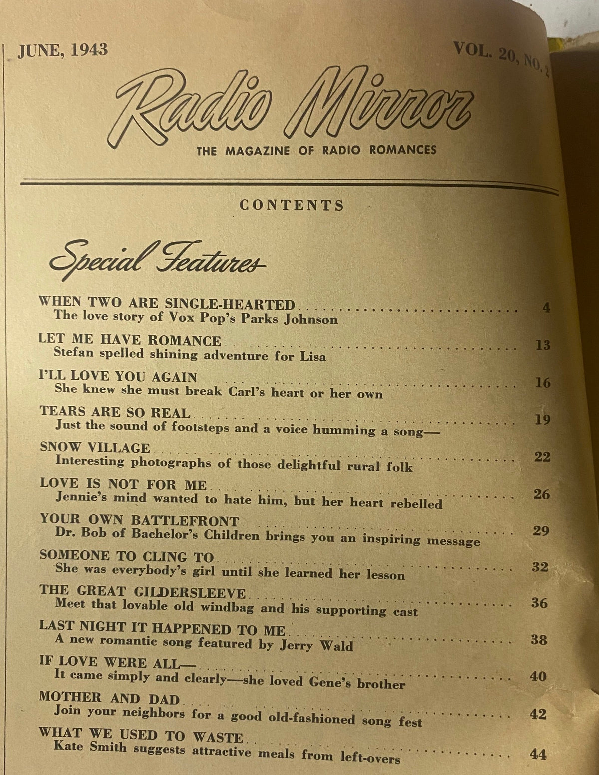 Radio Mirror Magazine, June 1943, featuring contents page highlighting special features including romantic stories and radio program profiles.