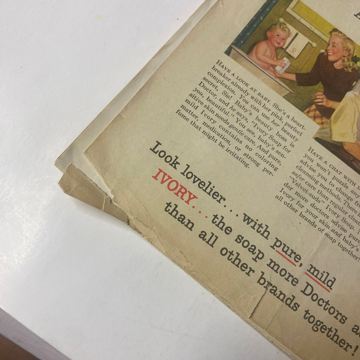 Close-up of the back cover of Radio Mirror Magazine, June 1943, emphasizing the Ivory soap advertisement with detailed text about beauty tips.