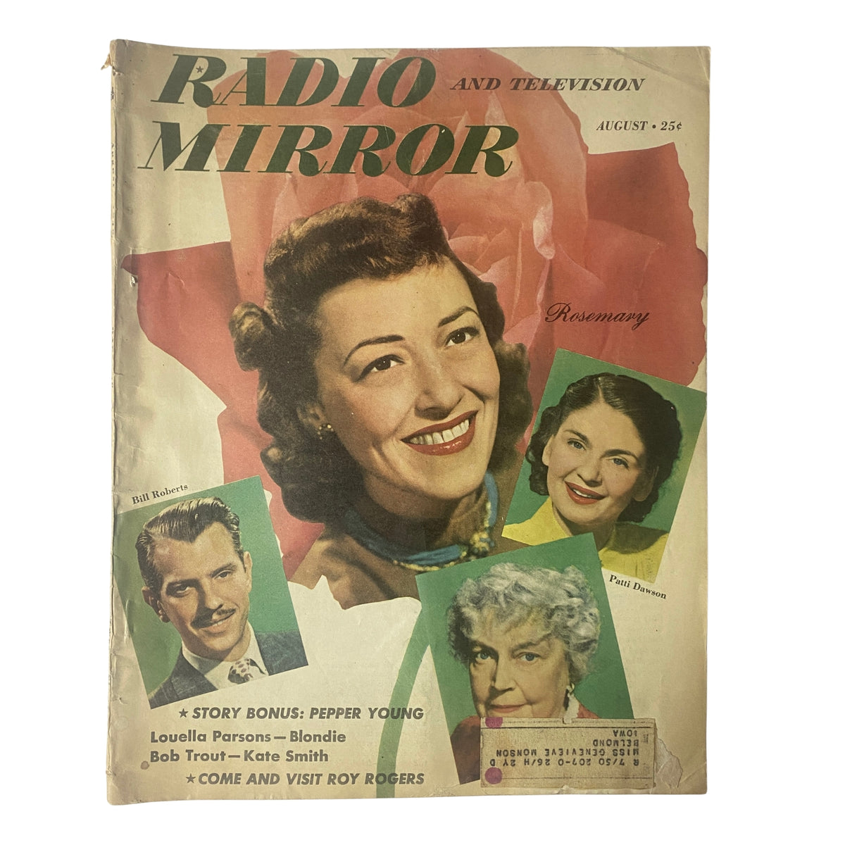 Cover of Radio and TV Mirror Magazine, August 1949 featuring Rosemary, Bill Roberts, and Patti Dawson, showcasing classic vintage design with colorful portraits.