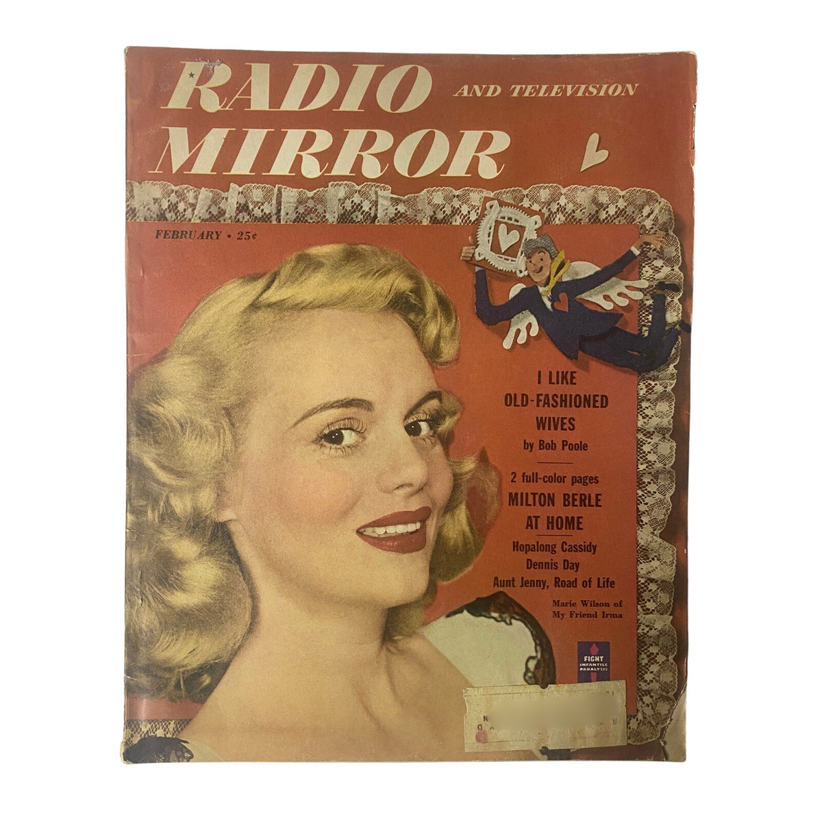 Radio and TV Mirror Magazine February 1950 featuring cover image of Marie Wilson with vibrant color design, showcasing articles like 'I Like Old-Fashioned Wives' and 'Milton Berle at Home'.