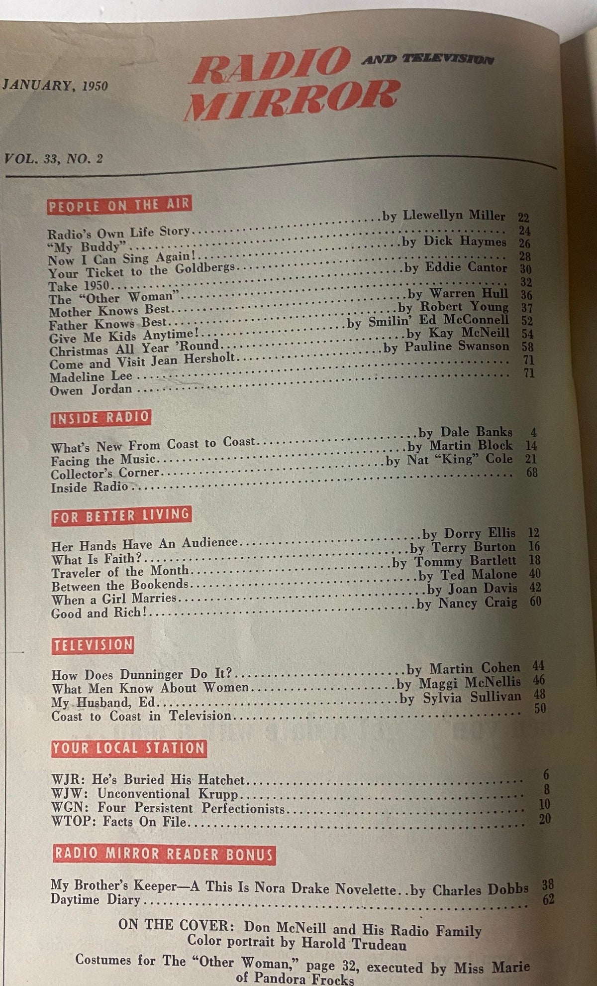 Table of Contents of the Radio and TV Mirror Magazine, January 1950, listing various articles including features on radio personalities and entertainment.