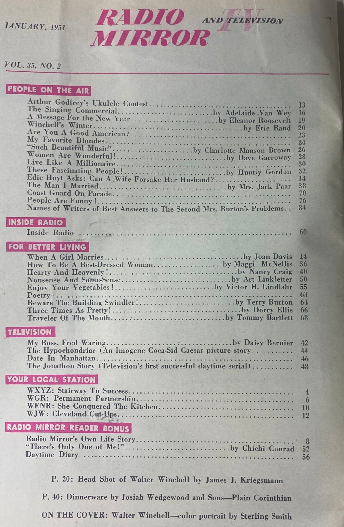 Table of contents from the January 1951 issue of Radio and TV Mirror Magazine, listing articles such as 'Arthur Godfrey’s Ukulele Contest' and 'Inside Radio', reflecting mid-century broadcasting culture.