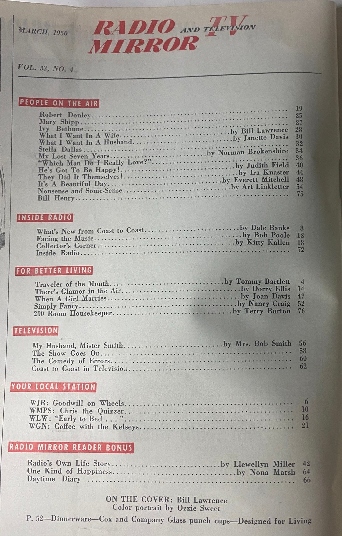 Table of contents from Radio and TV Mirror Magazine, March 1950, listing features such as profiles and articles about radio and television personalities.