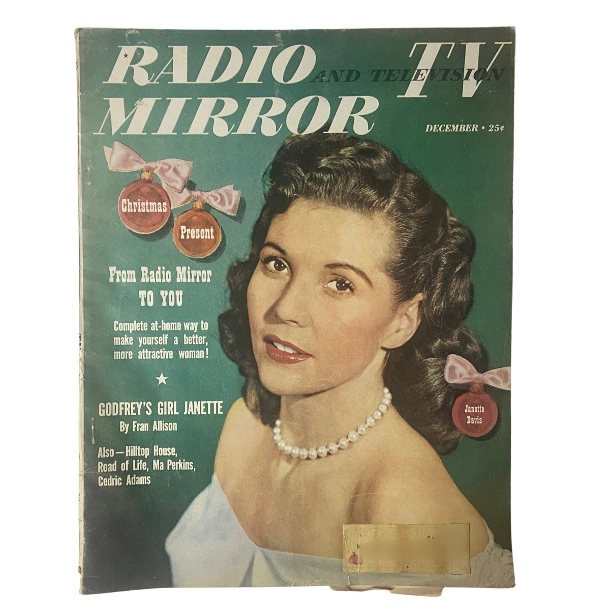 Cover of Radio and TV Mirror Magazine December 1950 featuring Janette Davis, with a Christmas theme and notes on making yourself a better, more attractive woman.
