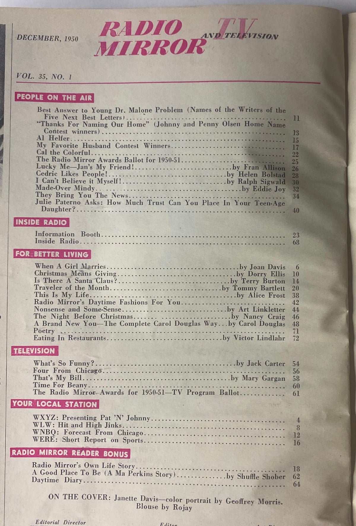 Table of Contents from Radio and TV Mirror Magazine December 1950, detailing articles and features including a problem column and lifestyle tips.