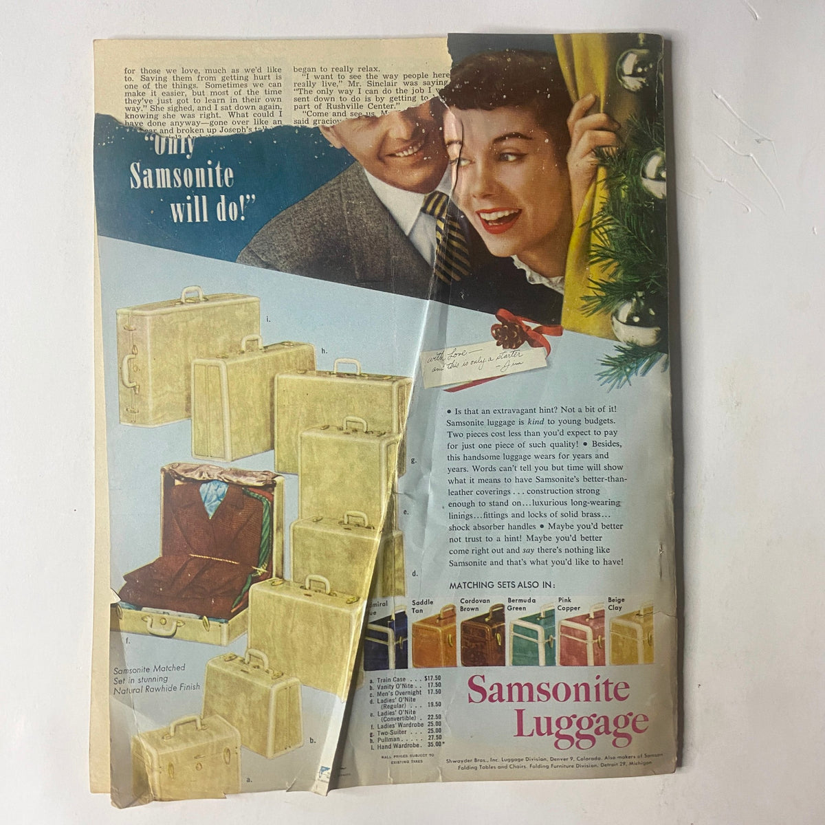 Advertisement for Samsonite Luggage on the back of Radio and TV Mirror Magazine December 1950, showcasing various styles and colors of luggage.