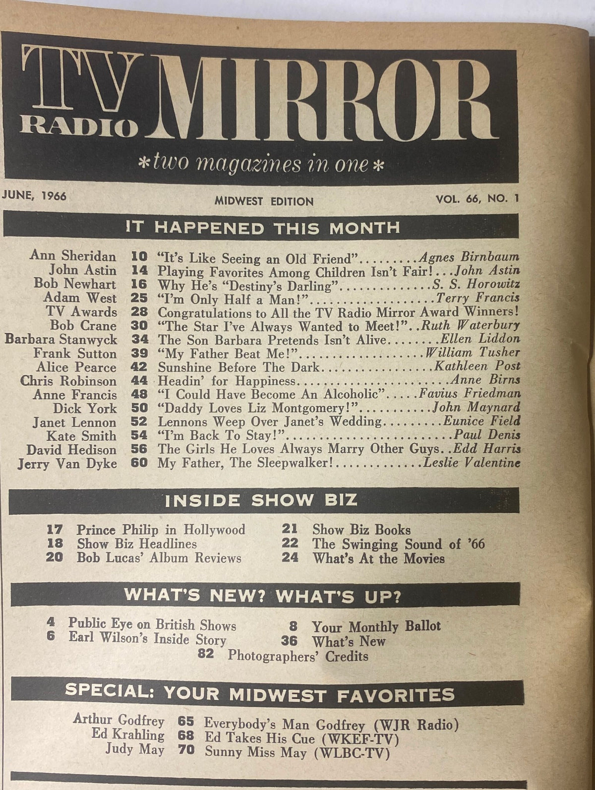 Inside page of TV Radio Mirror Magazine from June 1966 showcasing the table of contents. This issue includes features like 'It Happened This Month' and 'Inside Show Biz,' emphasizing notable personalities and stories from the era.