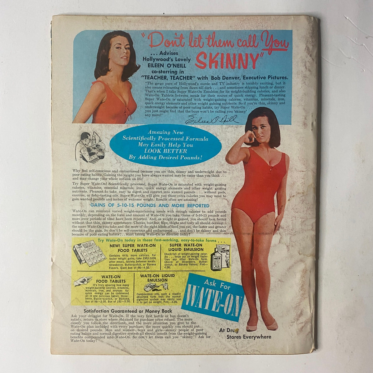 Back cover of TV Radio Mirror Magazine June 1966 featuring a vintage advertisement with a model in a red swimsuit, promoting a weight gain product. The ad includes the tagline 'Don't let them call You SKINNY' with details about the product's benefits.