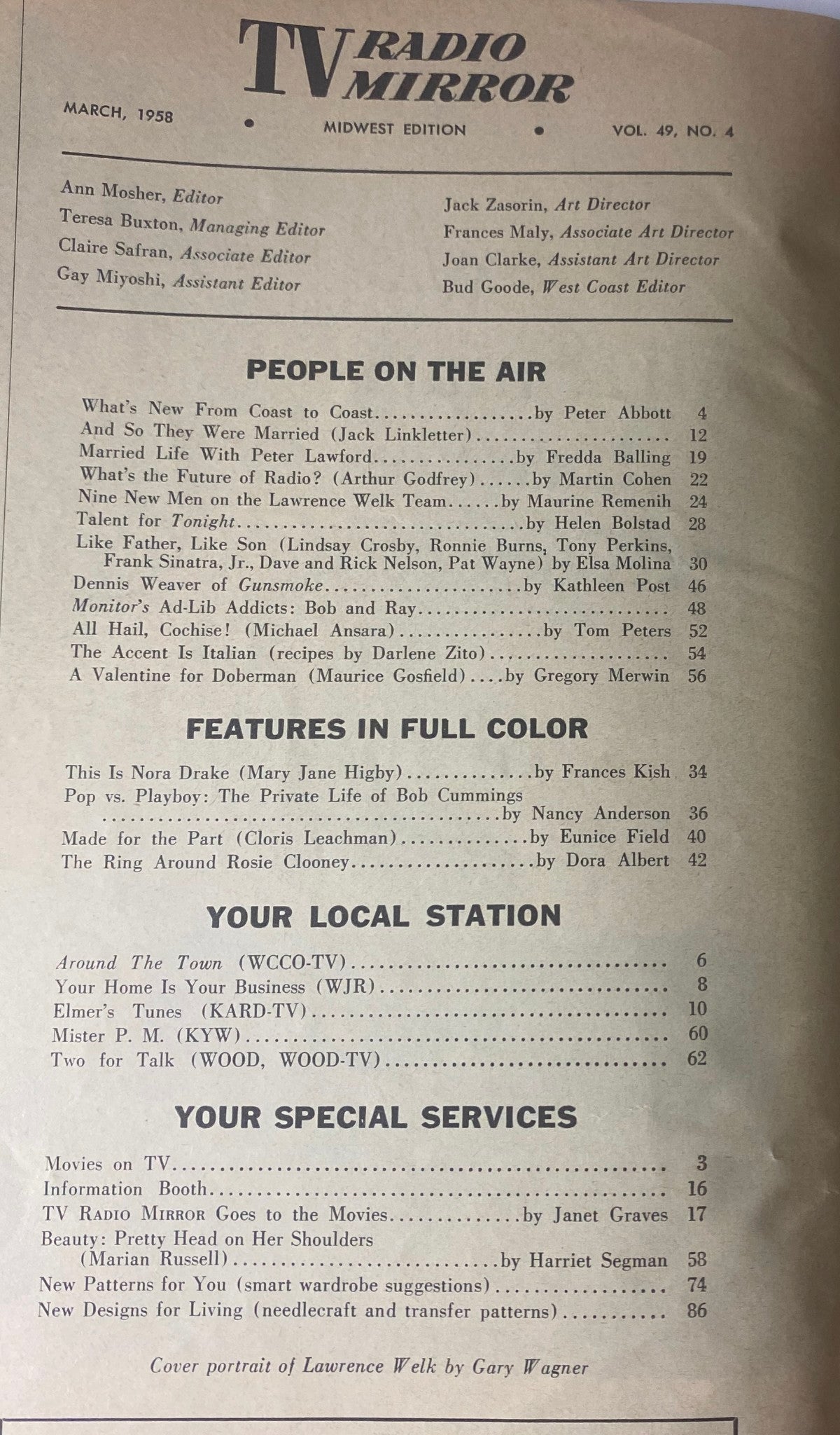 Cover page of TV Radio Mirror Magazine March 1958 featuring articles on television and radio stars, including Mike Ansara and Arthur Godfrey.