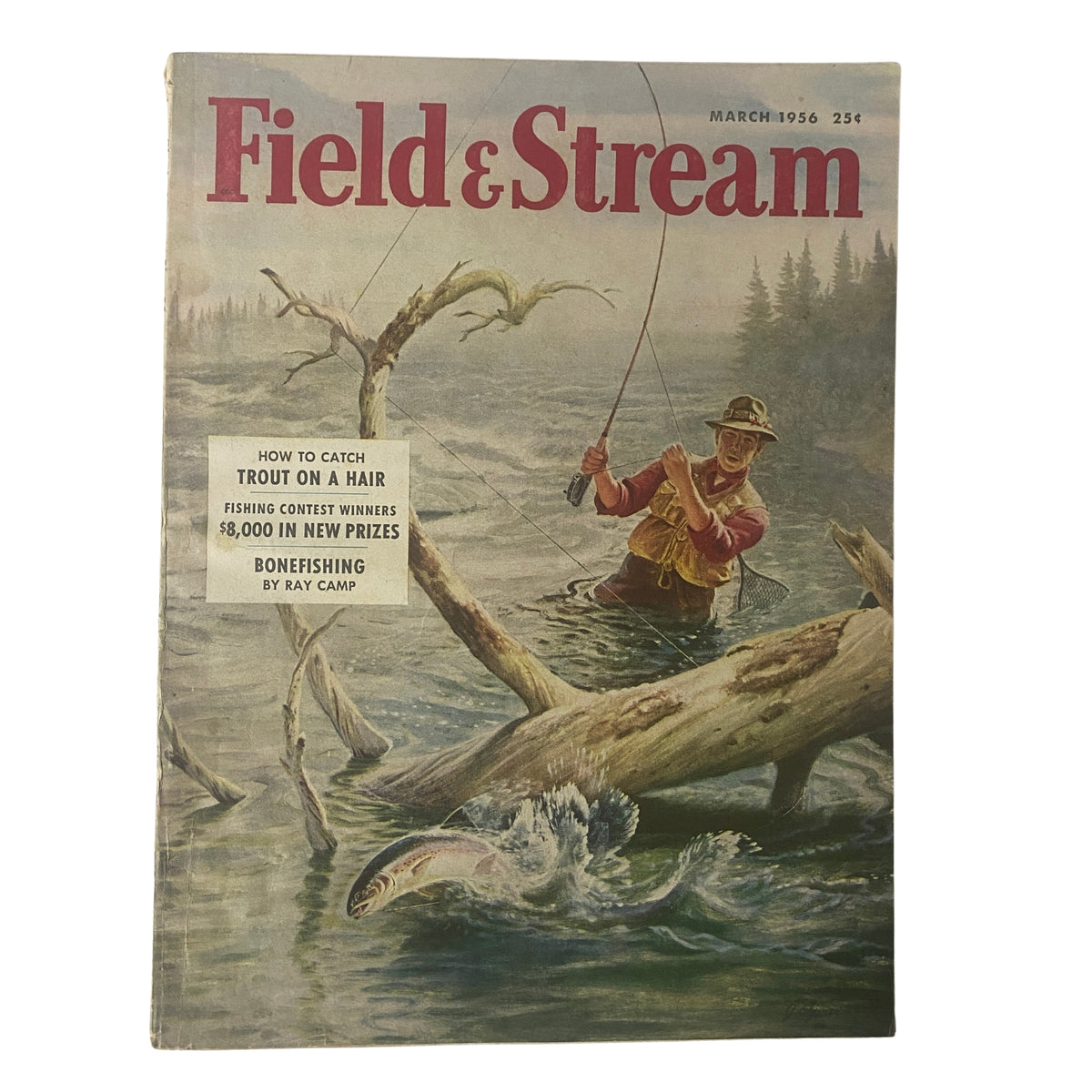Cover of Field & Stream Magazine, March 1956, featuring the title 'How to Catch Trout on a Hair,' showcasing a fisherman in action amid outdoor scenery.