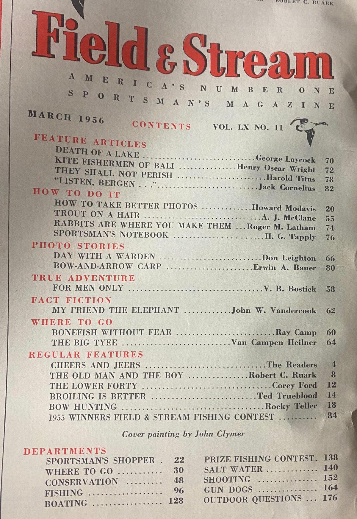 Table of contents for Field & Stream Magazine, March 1956, highlighting feature articles including 'How to Take Better Photos' and 'Bow-and-Arrow Carp.'