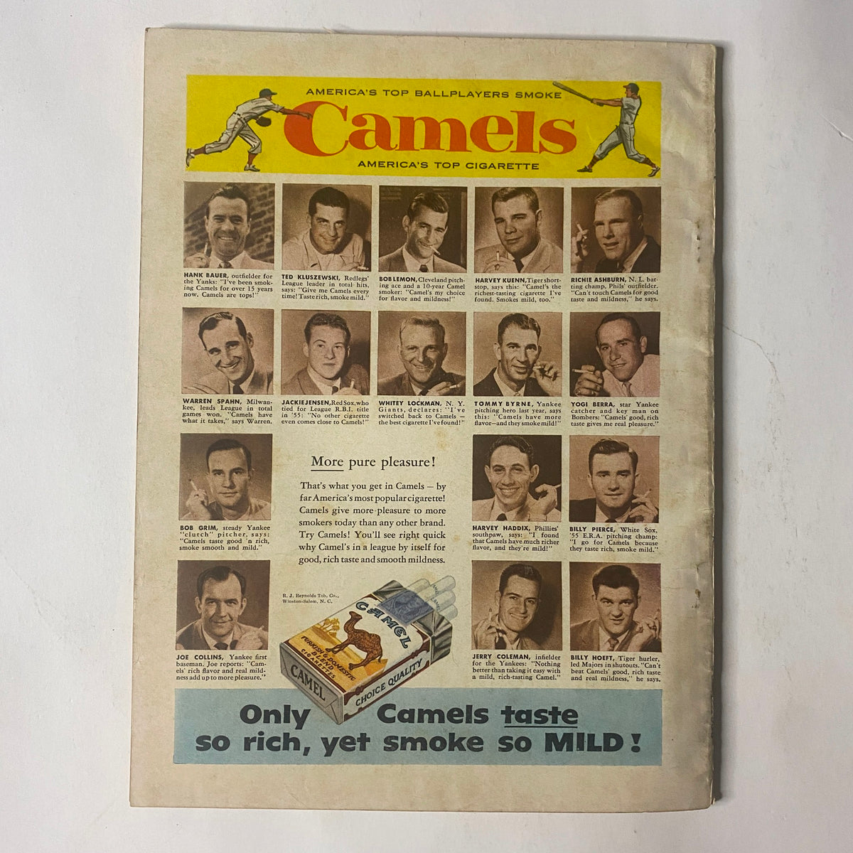 Vintage advertisement for Camels cigarettes on the back cover of Field & Stream Magazine, July 1956, featuring various baseball players promoting the brand.