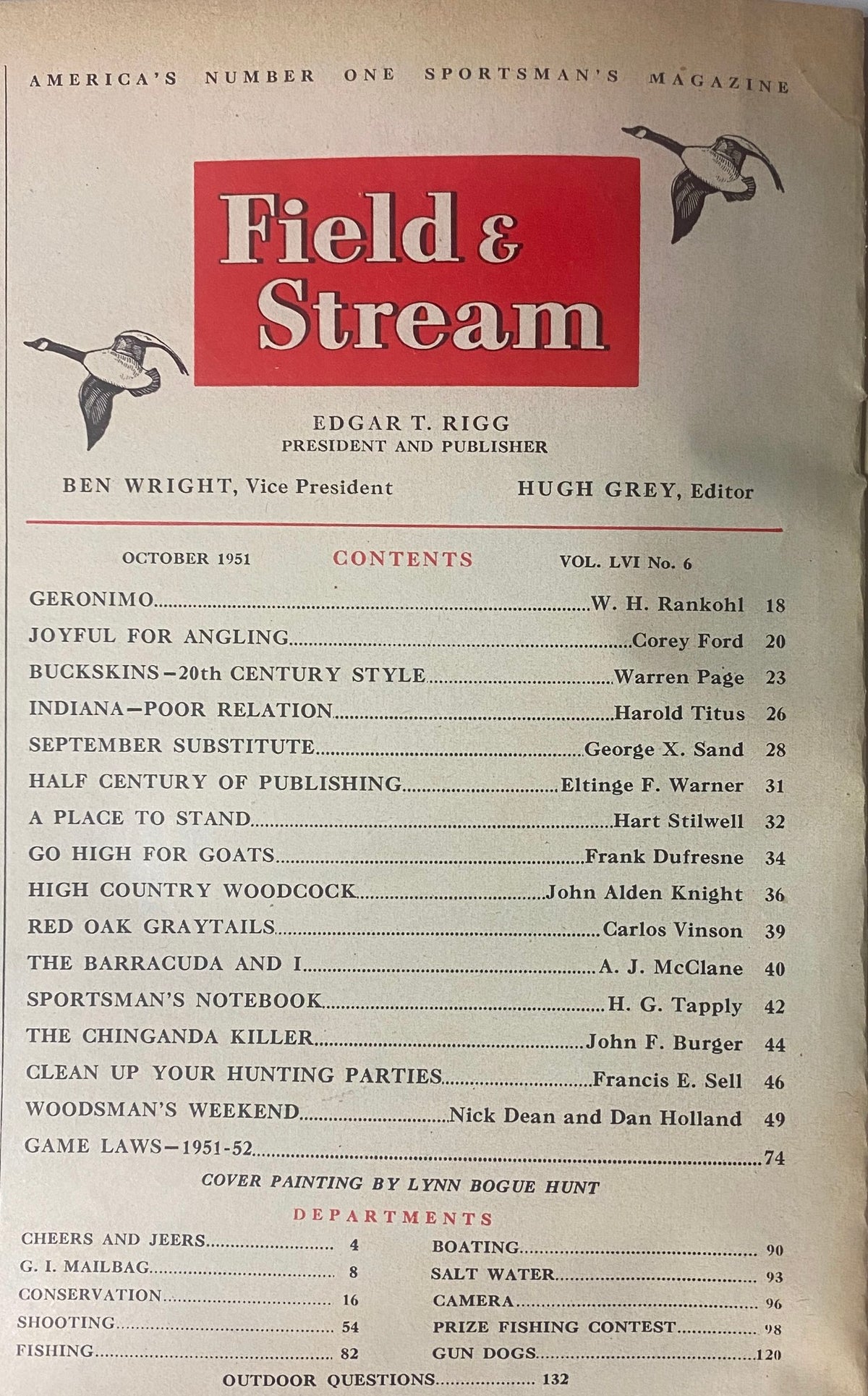 Table of Contents from Field & Stream Magazine, October 1951, listing feature articles including 'Geronimo' and 'Joyful for Angling'.