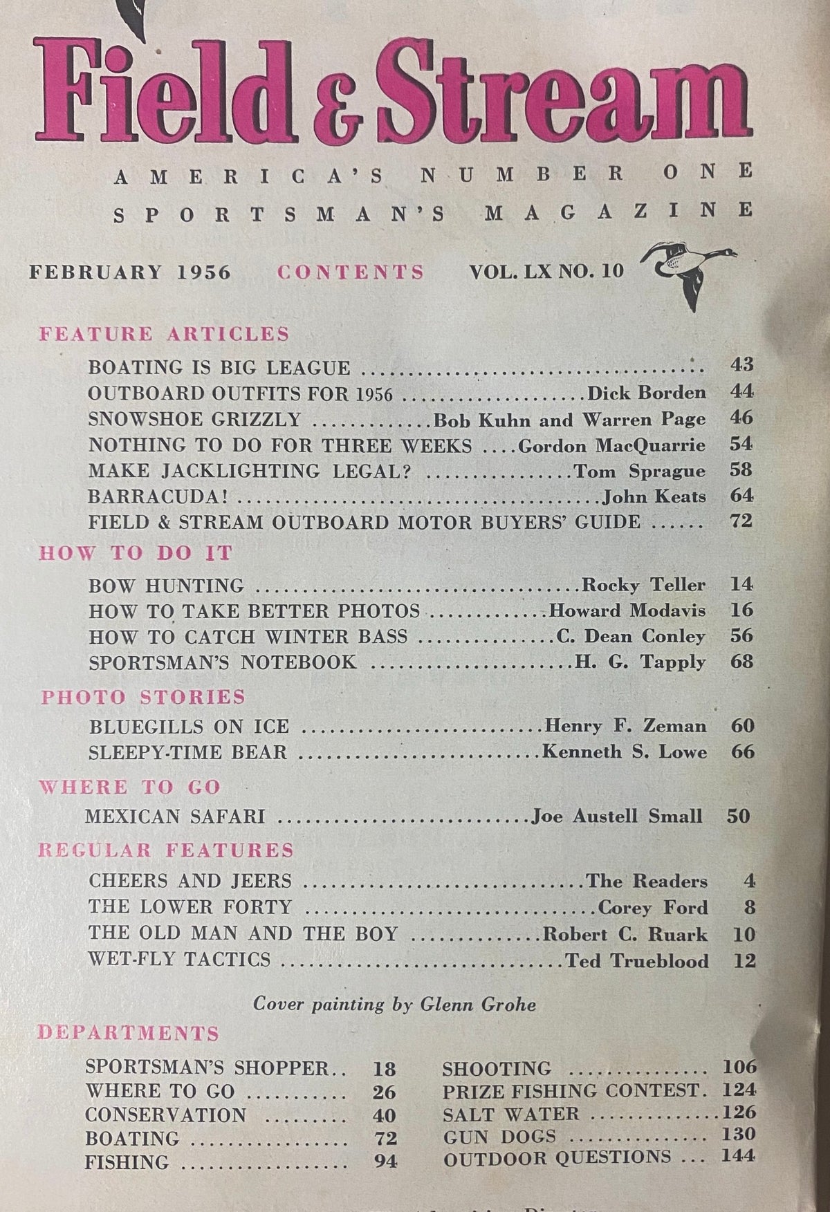 Table of contents for Field & Stream Magazine, February 1956, detailing feature articles and regular sections including 'Boating is Big League' and 'Barracuda!'.