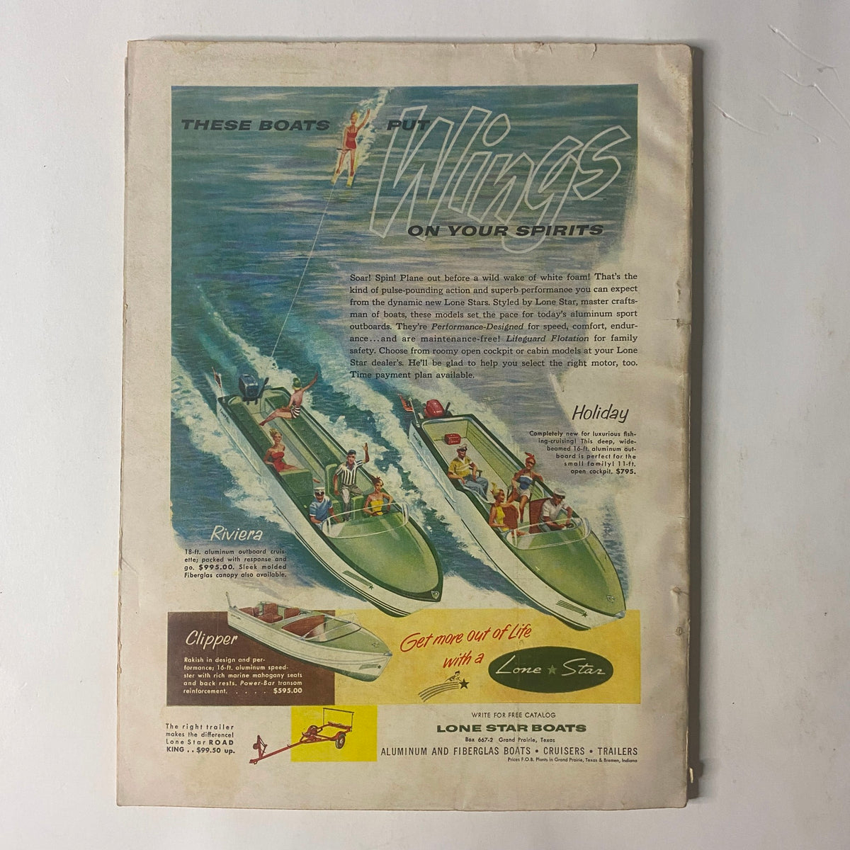 Vintage advertisement featuring speedboats with the slogan 'These Boats Put Wings on Your Spirits', showcasing Lone Star Boats models including the Riviera and Clipper. Field & Stream Magazine February 1956 issue titled 'Barracuda: Killer or Coward'.