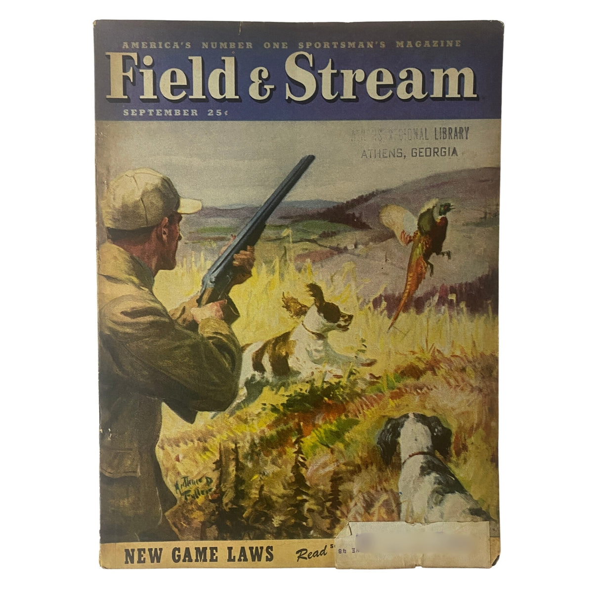 Field & Stream Magazine September 1947 cover featuring a hunter aiming a rifle amidst a landscape with dogs and a bird, titled 'The New Game Laws 1947 - 1948'.