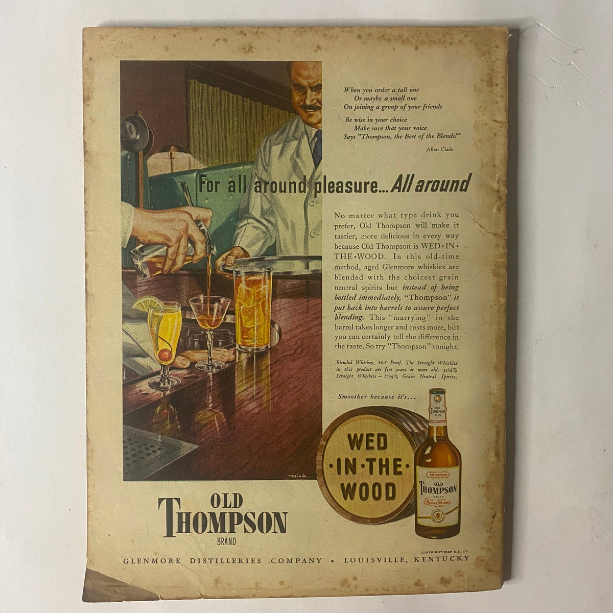 Back cover of Field & Stream Magazine September 1947 advertising Old Thompson brand liquor, with the slogan 'For all around pleasure...All around.', related to 'The New Game Laws 1947 - 1948'.