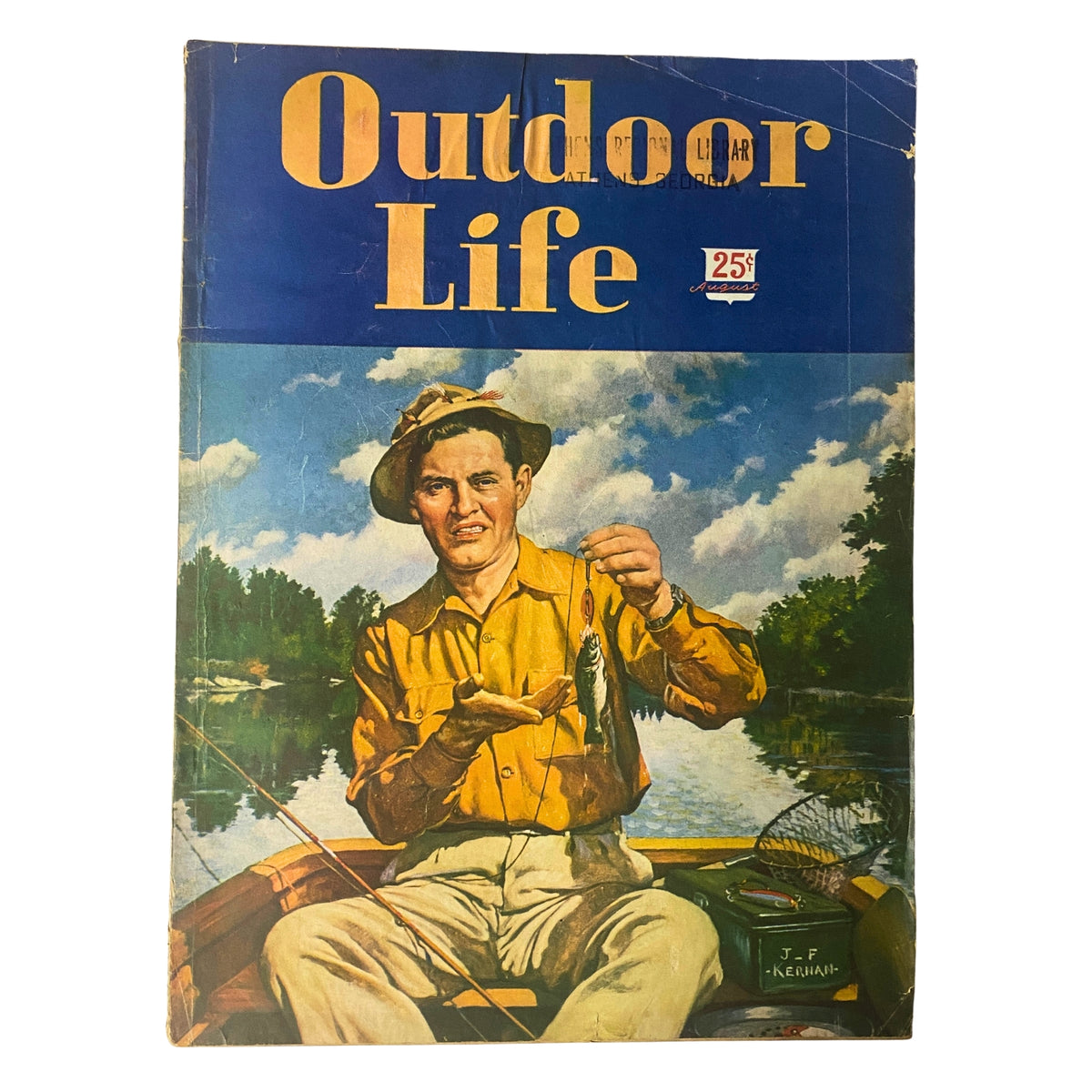 Cover of Outdoor Life Magazine, August 1947, featuring a painting by J. F. Kernan. The cover illustrates a fisherman in a yellow shirt, presenting his catch. The magazine focuses on outdoor activities like fishing, hunting, and conservation.