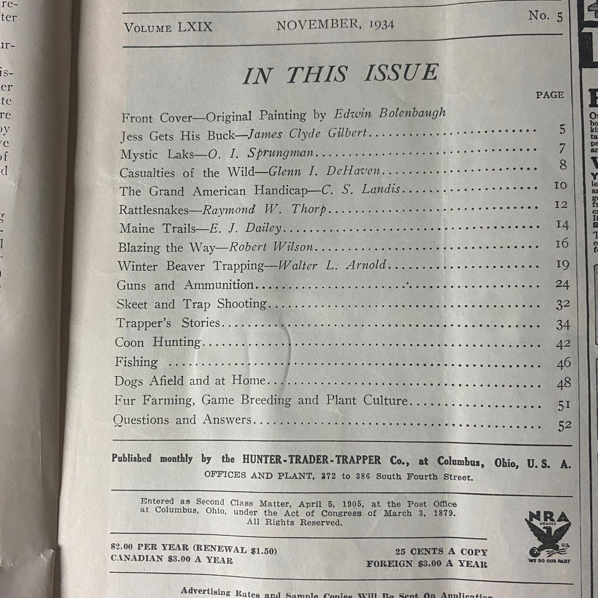 Table of contents from Hunter-Trader-Trapper Magazine November 1934, detailing articles on hunting, fishing, and trapping themes, showcasing its historical context.