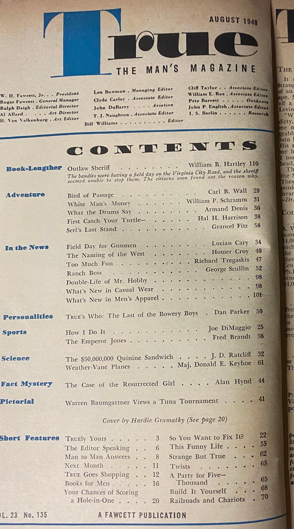 Contents page of True: The Man's Magazine - August 1948, listing articles including Joe DiMaggio’s ‘How I Do It’, and featuring various sections on adventure, sports, and features.