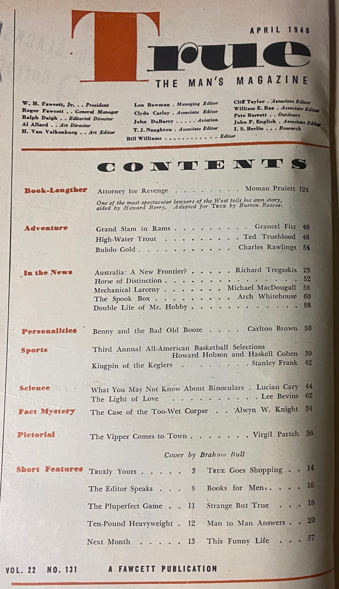 Interior page of True: The Man's Magazine - April 1948 displaying the table of contents including featured articles like 'Attorney for Revenge' and 'Adventure'.