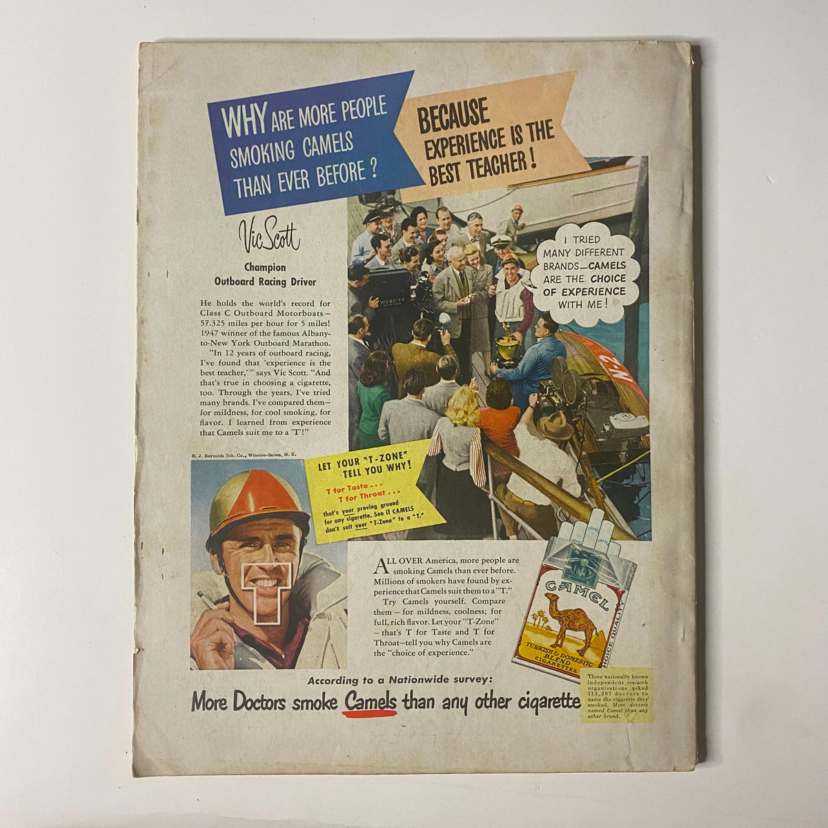 Back cover of True: The Man's Magazine - April 1948 showcasing an advertisement promoting Camel cigarettes with a catchy slogan and visual elements.
