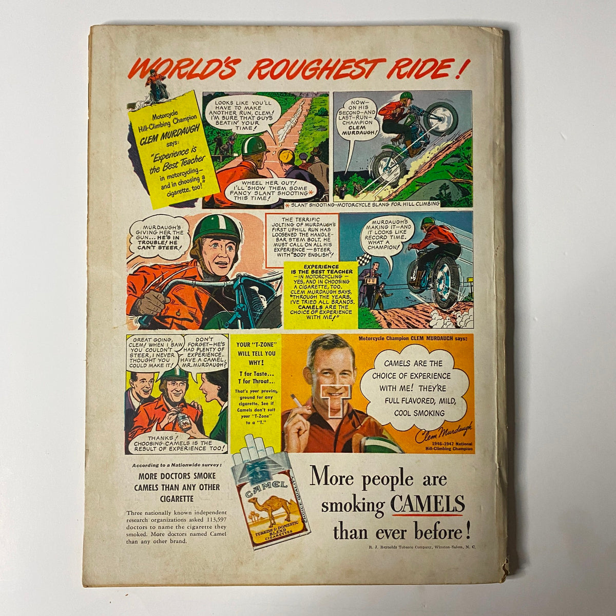 Back cover of True: The Man's Magazine, June 1948 Special Father's Day Issue, showcasing an advertisement for Camel cigarettes with illustrations and promotional text.