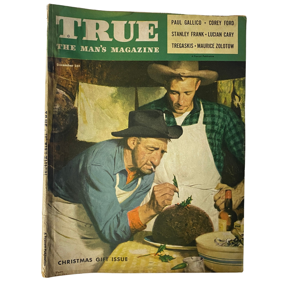 Cover of True: The Man's Magazine, December 1948 Christmas Gift Issue showcasing artists Paul Gallico, Corey Ford, and featuring the festive artwork by Tom Lovell.