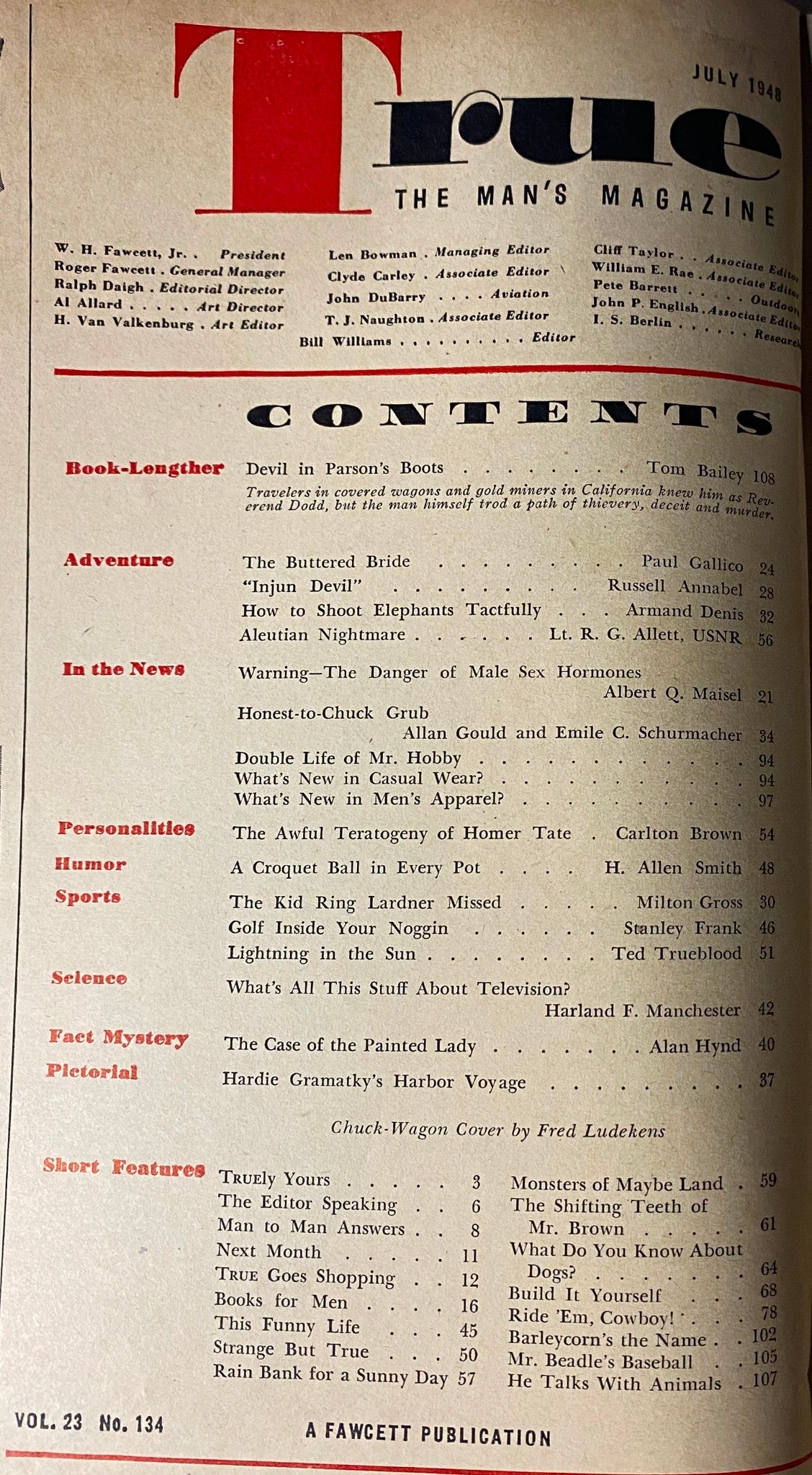 Contents page of True: The Man's Magazine, July 1948, showcasing the table of contents including features like 'Warning: The Danger of Male Sex Hormones' and articles on adventure, humor, and sports.