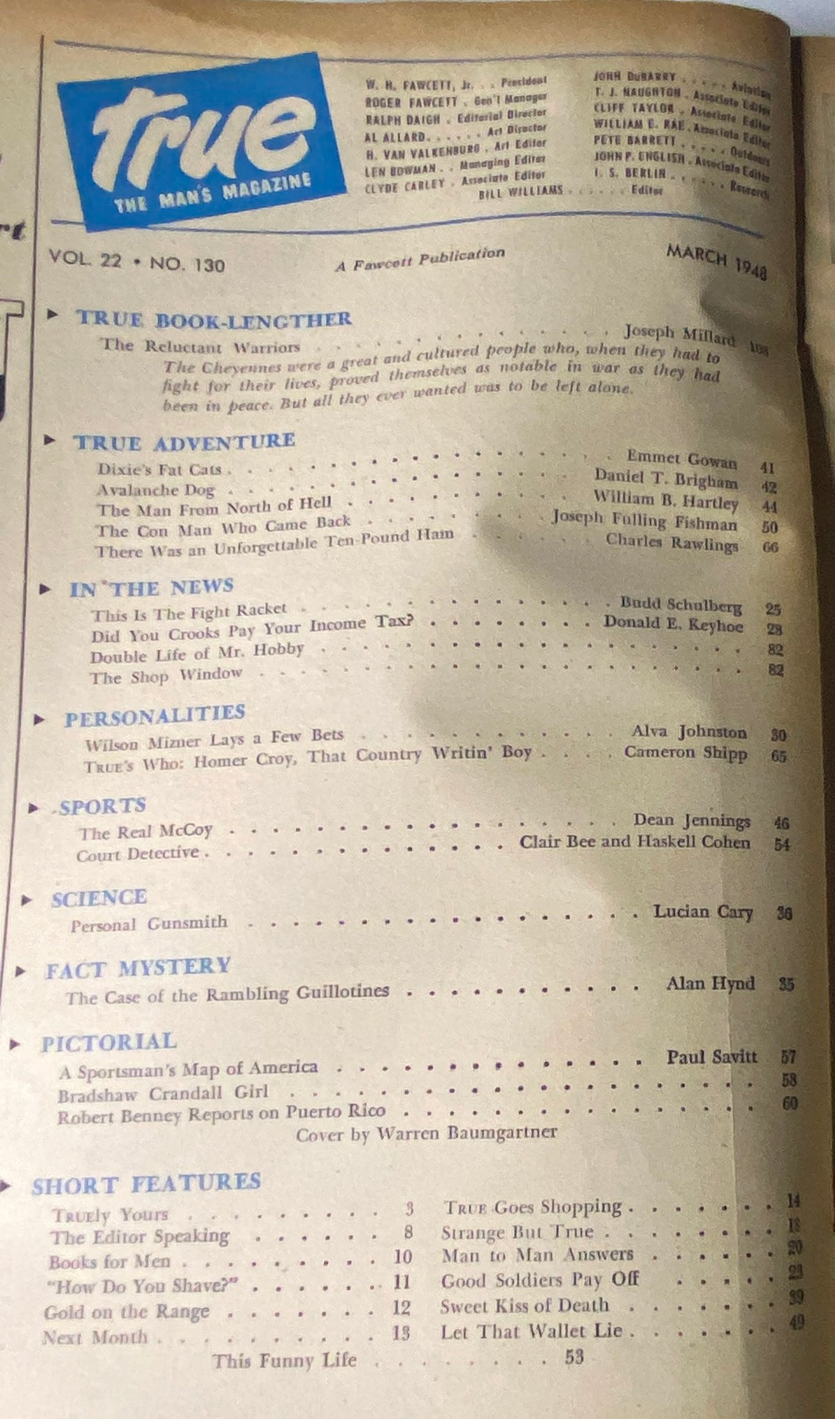 Interior page of True: The Man's Magazine, March 1948, displaying the table of contents with article titles along with page numbers, offering a glimpse into the issue's content and themes.