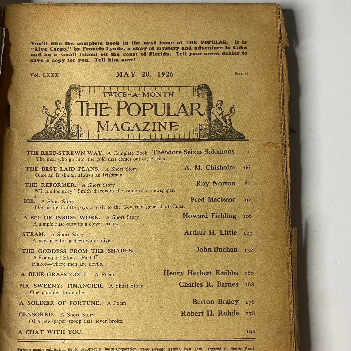 Inside view of The Popular Magazine dated May 20, 1926 displaying the table of contents, which includes the headline story 'The Reef-Strewn Way' by Theodore Seixas Solomons and a list of featured stories.